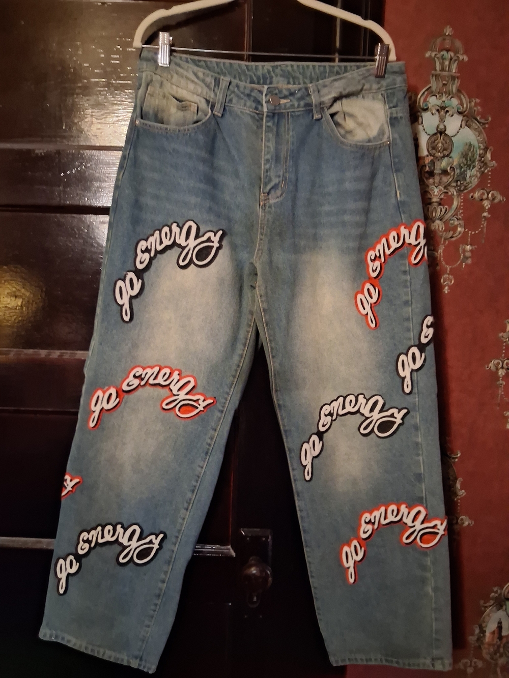 Men's Blue Denim Jeans with 'Go Energy' Embroidered Patches